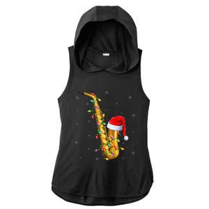 Saxophone Music Lover Xmas Lights Santa Saxophone Christmas Ladies PosiCharge Tri-Blend Wicking Draft Hoodie Tank