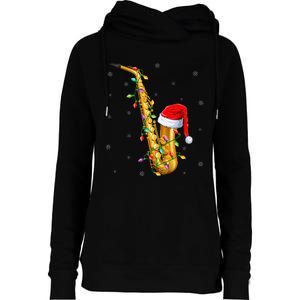 Saxophone Music Lover Xmas Lights Santa Saxophone Christmas Womens Funnel Neck Pullover Hood