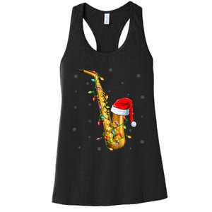 Saxophone Music Lover Xmas Lights Santa Saxophone Christmas Women's Racerback Tank