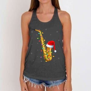 Saxophone Music Lover Xmas Lights Santa Saxophone Christmas Women's Knotted Racerback Tank