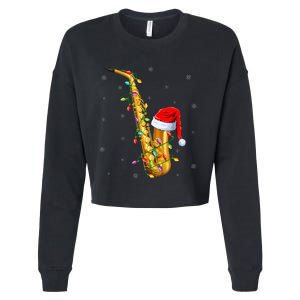 Saxophone Music Lover Xmas Lights Santa Saxophone Christmas Cropped Pullover Crew