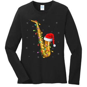 Saxophone Music Lover Xmas Lights Santa Saxophone Christmas Ladies Long Sleeve Shirt