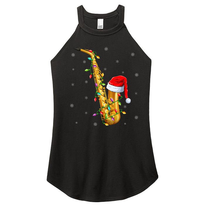 Saxophone Music Lover Xmas Lights Santa Saxophone Christmas Women's Perfect Tri Rocker Tank