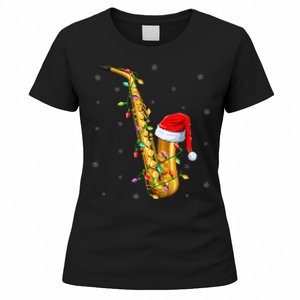 Saxophone Music Lover Xmas Lights Santa Saxophone Christmas Women's T-Shirt