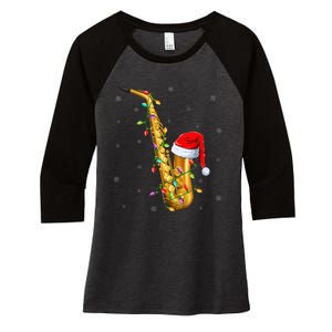 Saxophone Music Lover Xmas Lights Santa Saxophone Christmas Women's Tri-Blend 3/4-Sleeve Raglan Shirt