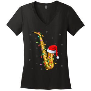 Saxophone Music Lover Xmas Lights Santa Saxophone Christmas Women's V-Neck T-Shirt