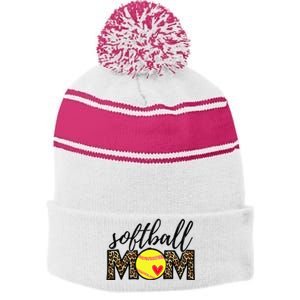 Softball Mom Leopard Funny Baseball Mom Mother's Day Stripe Pom Pom Beanie