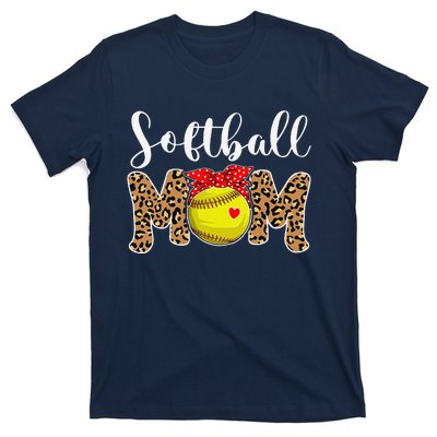 Softball Mom Leopard Messy Bun Game Day Funny Mothers Day T-Shirt