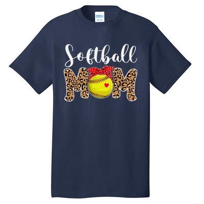 Softball Mom Leopard Messy Bun Game Day Funny Mothers Day Tall T-Shirt