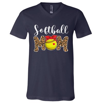 Softball Mom Leopard Messy Bun Game Day Funny Mothers Day V-Neck T-Shirt