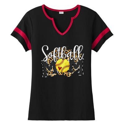 Softball Mom Leopard Funny Baseball Mom MotherS Day 2024 Ladies Halftime Notch Neck Tee