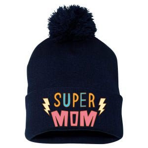 Super Mom Lighting Bolt Gift Pom Pom 12in Knit Beanie