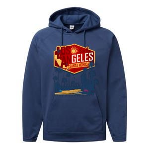 Santa Monica LA Los Angeles Retro Surf Beach Performance Fleece Hoodie