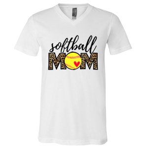 Softball Mom Leopard Funny Baseball Mom Mother's Day V-Neck T-Shirt