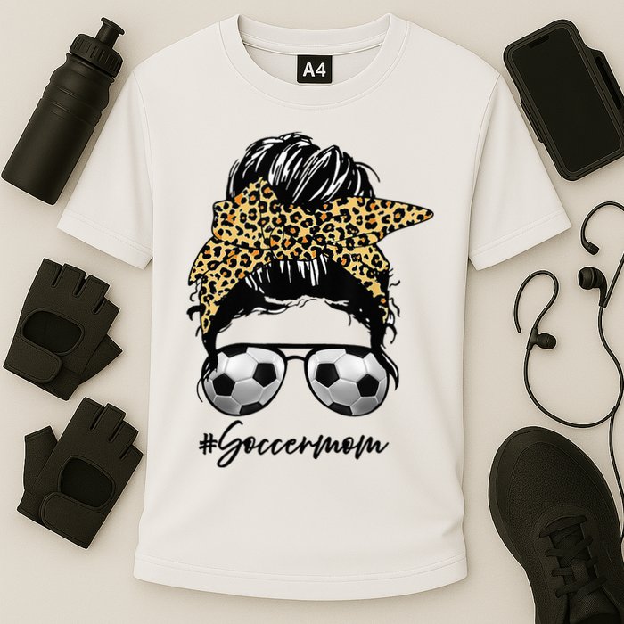Soccer Mom Leopard Messy Bun Football Hair Game Day Vibes Cooling Performance Crew T-Shirt