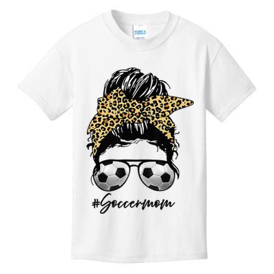 Soccer Mom Leopard Messy Bun Football Hair Game Day Vibes Kids T-Shirt