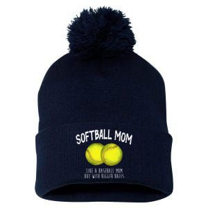 Softball Mom Like A Baseball Mom With Bigger Balls Funny Pom Pom 12in Knit Beanie