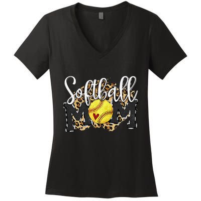 Softball Mom Leopard Funny Baseball Mom MotherS Day 2024 Women's V-Neck T-Shirt