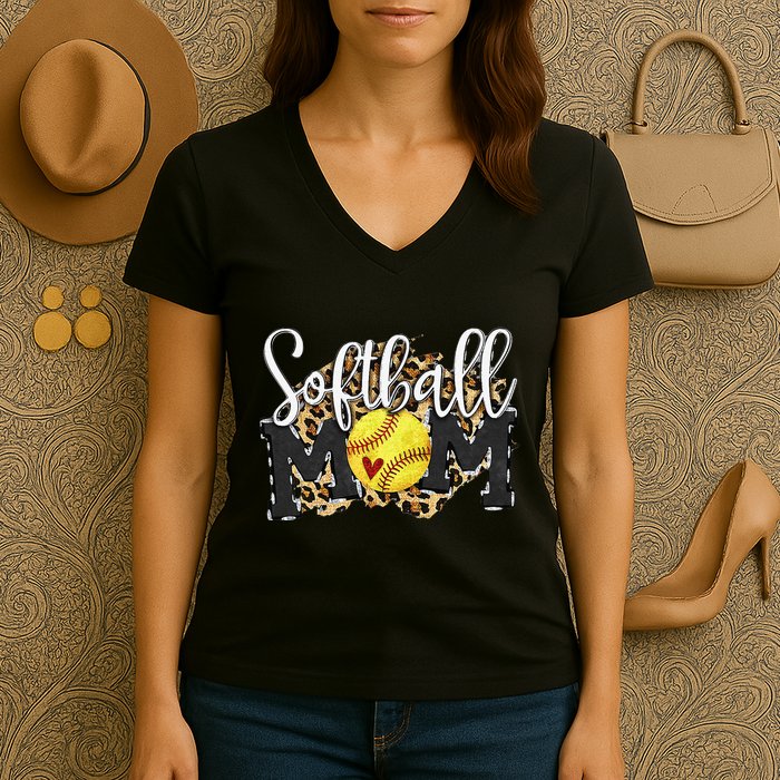 Softball Mom Leopard Funny Baseball Mom MotherS Day 2024 Women's V-Neck T-Shirt
