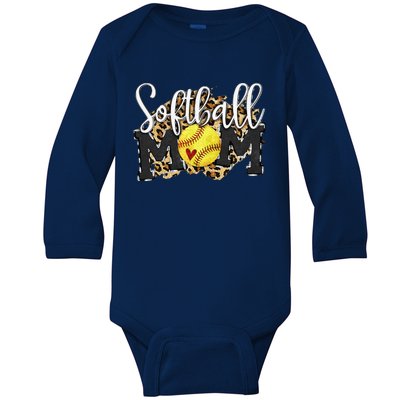 Softball Mom Leopard Funny Baseball Mom MotherS Day 2024 Baby Long Sleeve Bodysuit