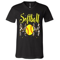 Softball Mom Leopard Funny Baseball Mom MotherS Day V-Neck T-Shirt