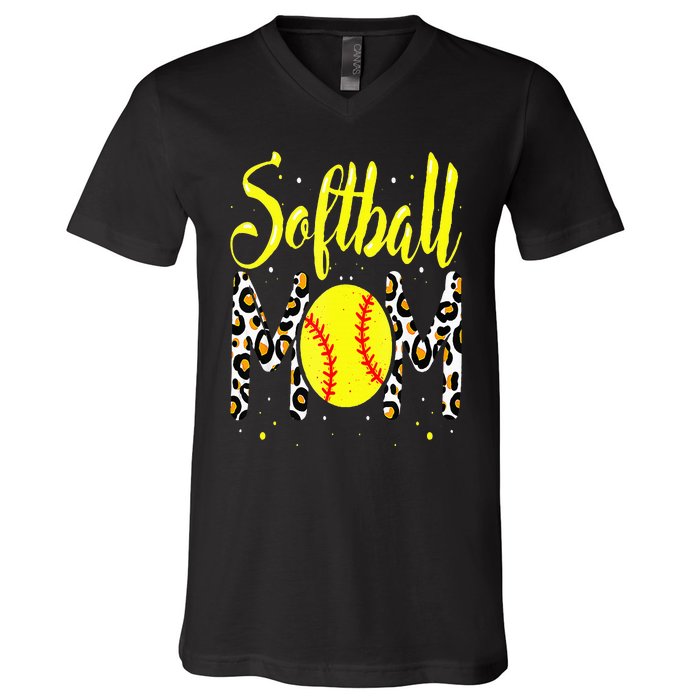 Softball Mom Leopard Funny Baseball Mom MotherS Day V-Neck T-Shirt