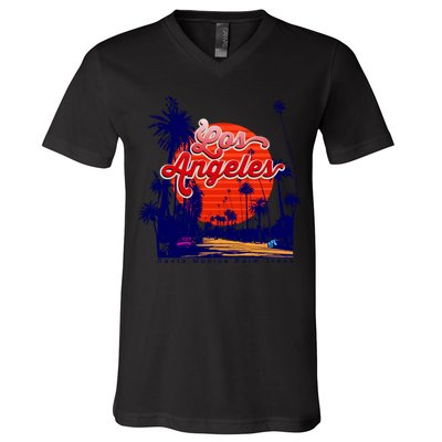 Santa Monica Los Angeles Palm Trees Scenic V-Neck T-Shirt