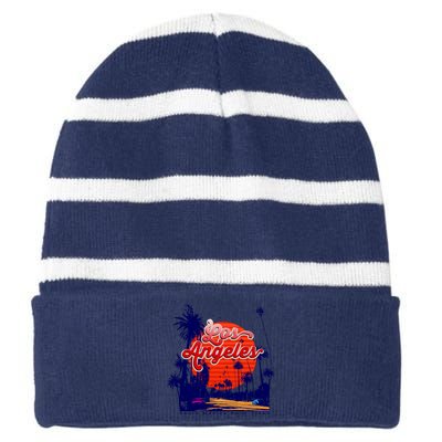 Santa Monica Los Angeles Palm Trees Scenic Striped Beanie with Solid Band