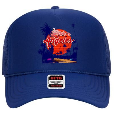 Santa Monica Los Angeles Palm Trees Scenic High Crown Mesh Back Trucker Hat