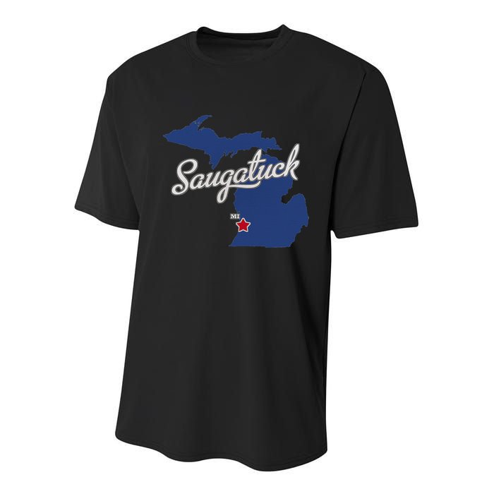 Saugatuck Michigan MI Map Youth Performance Sprint T-Shirt