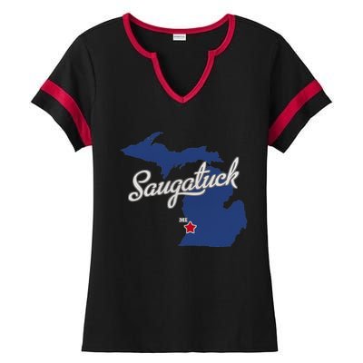 Saugatuck Michigan MI Map Ladies Halftime Notch Neck Tee