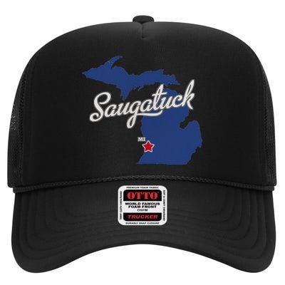 Saugatuck Michigan MI Map High Crown Mesh Back Trucker Hat