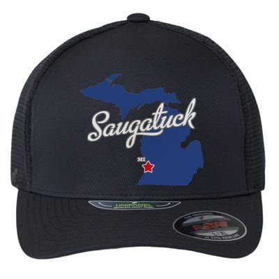 Saugatuck Michigan MI Map Flexfit Unipanel Trucker Cap