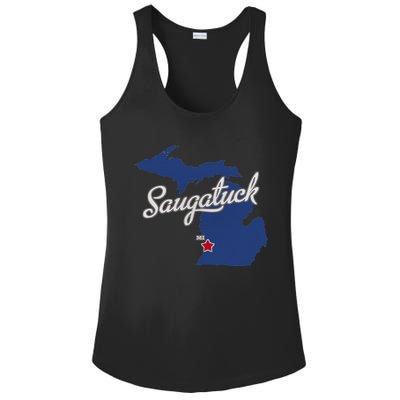 Saugatuck Michigan MI Map Ladies PosiCharge Competitor Racerback Tank