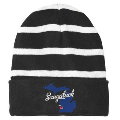 Saugatuck Michigan MI Map Striped Beanie with Solid Band