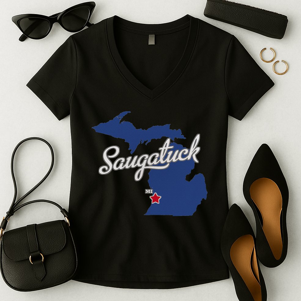 Saugatuck Michigan MI Map Women's V-Neck T-Shirt