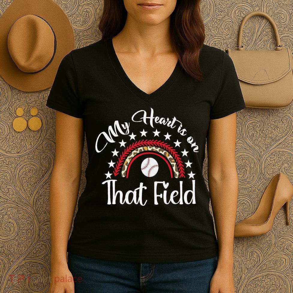 Softball Mom My Heart Is On That Field Women Mother Day Women's V-Neck T-Shirt