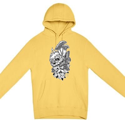 Skull Mushrooms Magnolia and Butterfly Tattoo Design  Premium Pullover Hoodie