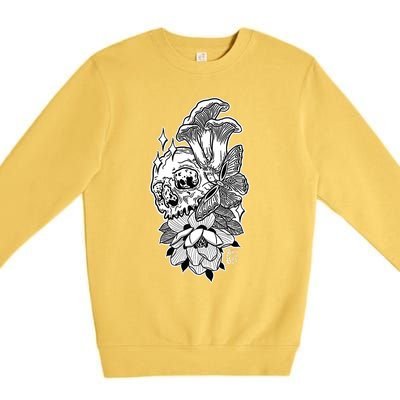 Skull Mushrooms Magnolia and Butterfly Tattoo Design  Premium Crewneck Sweatshirt