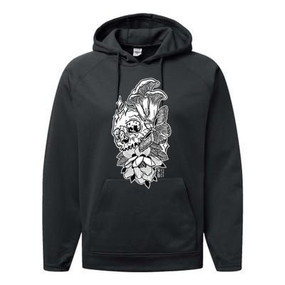 Skull Mushrooms Magnolia and Butterfly Tattoo Design  Performance Fleece Hoodie