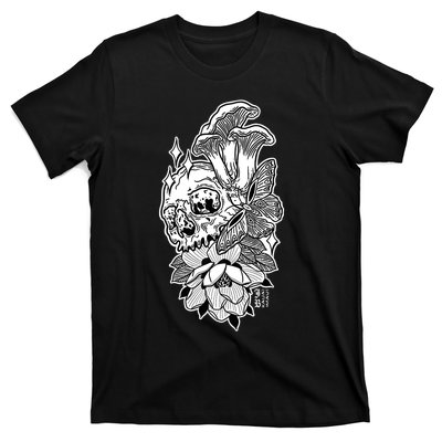 Skull Mushrooms Magnolia and Butterfly Tattoo Design  T-Shirt