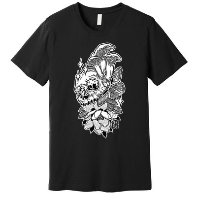 Skull Mushrooms Magnolia and Butterfly Tattoo Design  Premium T-Shirt