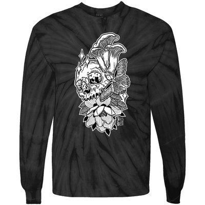 Skull Mushrooms Magnolia and Butterfly Tattoo Design  Tie-Dye Long Sleeve Shirt