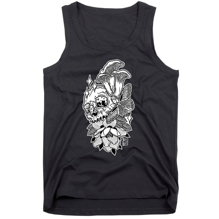 Skull Mushrooms Magnolia and Butterfly Tattoo Design  Tank Top