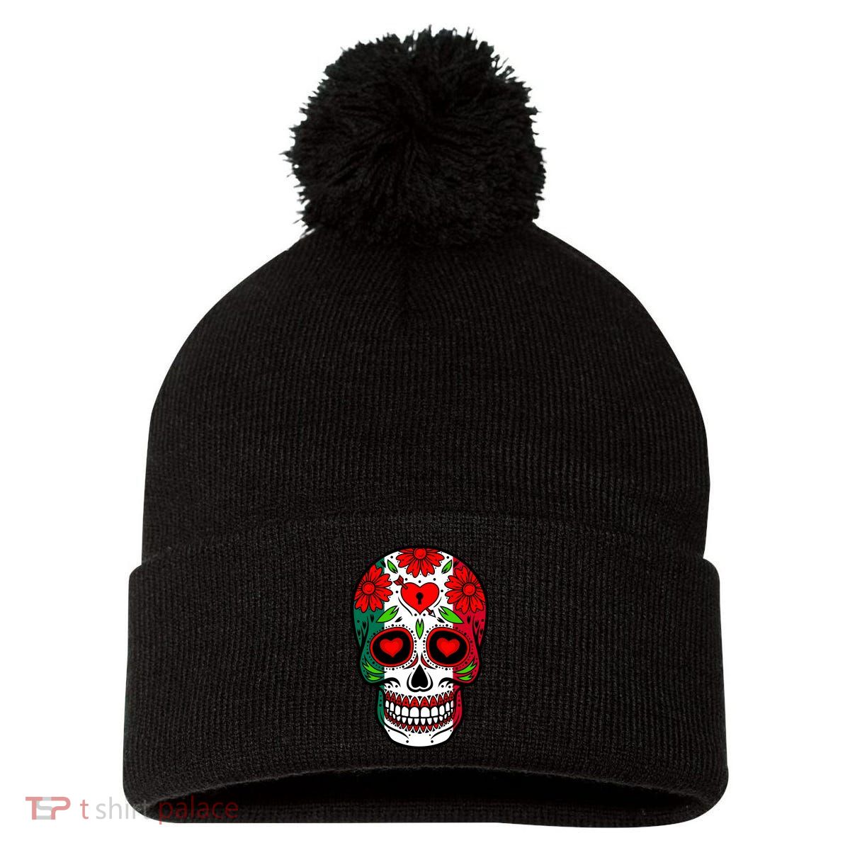 Mexican Sugar Skull Pom Pom 12in Knit Beanie