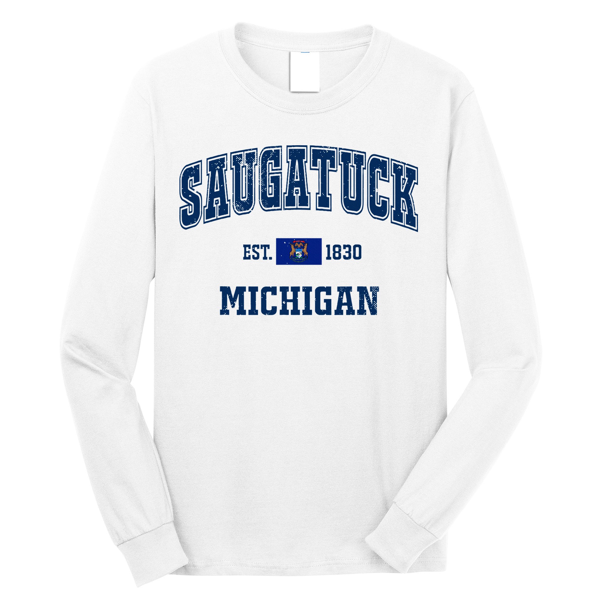 Saugatuck Michigan MI Vintage State Flag Athletic Navy Long Sleeve Shirt