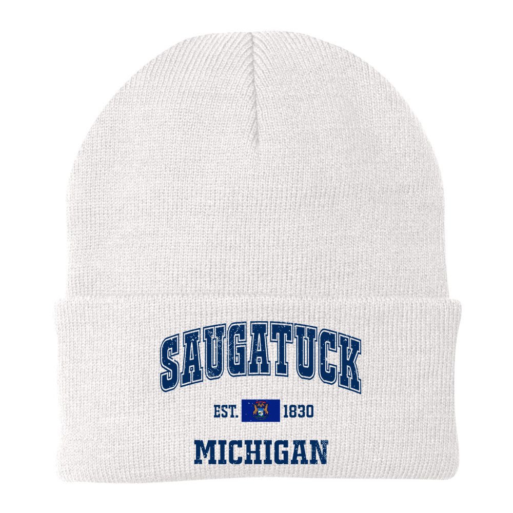 Saugatuck Michigan MI Vintage State Flag Athletic Navy Beanie