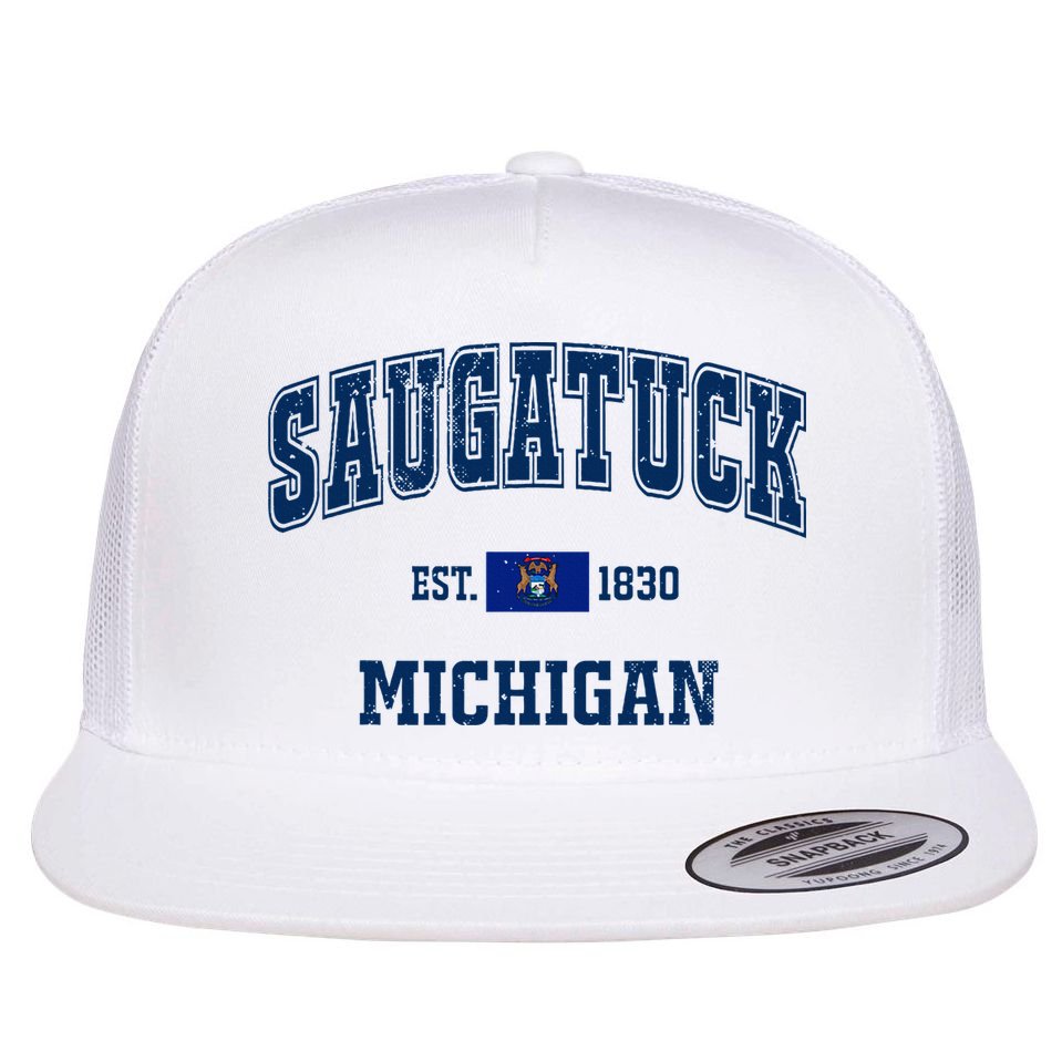 Saugatuck Michigan MI Vintage State Flag Athletic Navy Flat Bill Trucker Hat