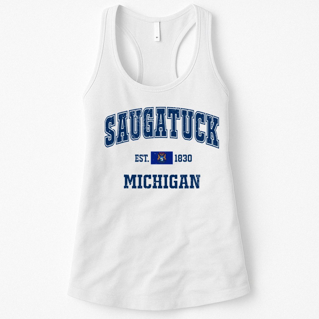 Saugatuck Michigan MI Vintage State Flag Athletic Navy Womens Tank Top