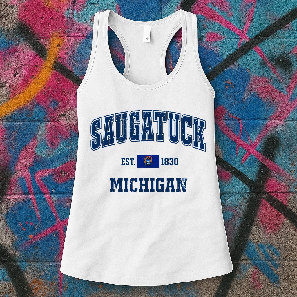 Saugatuck Michigan MI Vintage State Flag Athletic Navy Womens Tank Top